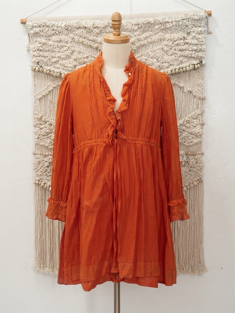 Ruffled V-Neck Long Sleeve Dress - Orange
